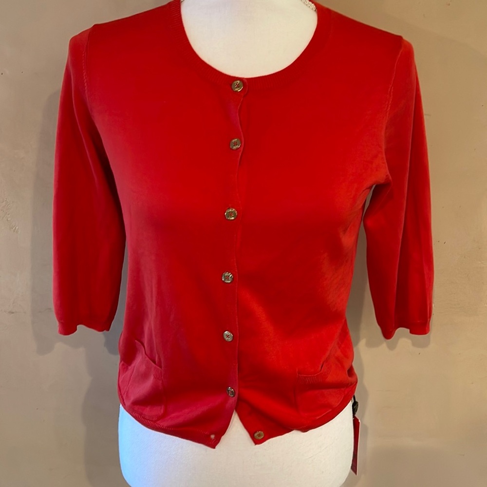 Carolina Herrera red cardigan sweater with gold buttons brand new